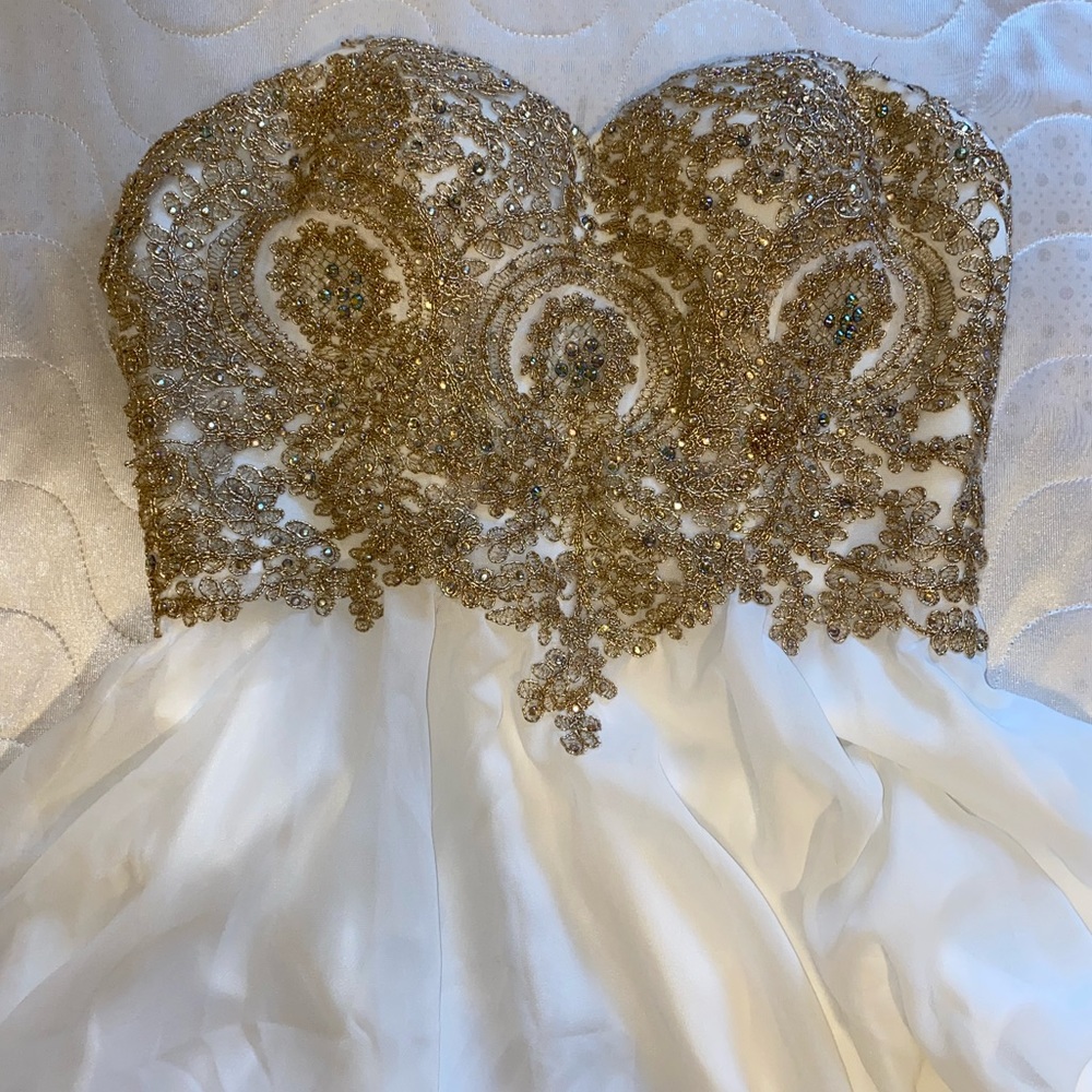 strapless short white dress with gold beads